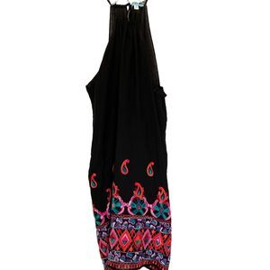 Nabe Black Boho Embroidered Border Tie Sleeveless Midi Dress M